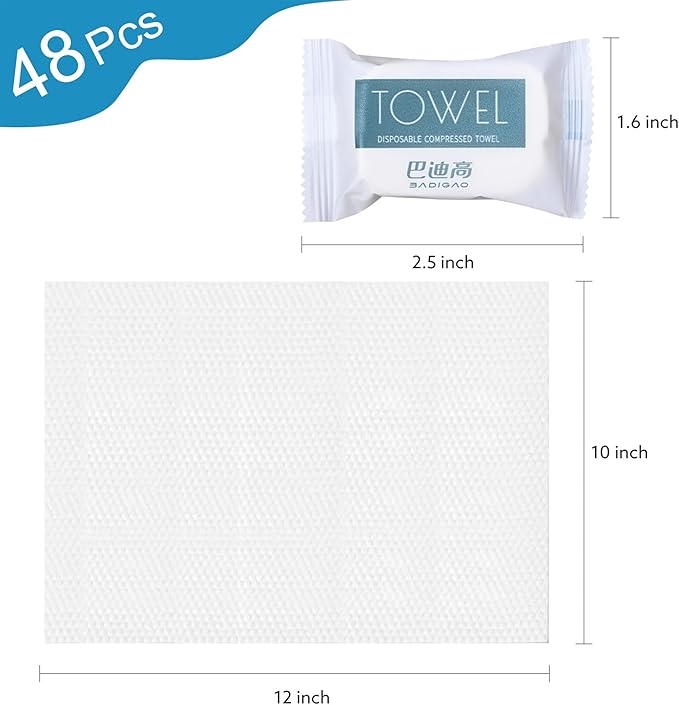 Disposable Compressed Face Towels, 48 Pack Individually Wrapped, 11.8" × 9.5" Pure Cotton Travel Towels, Quick-Expand, Ultra Absorbent & Thickened Portable Towels