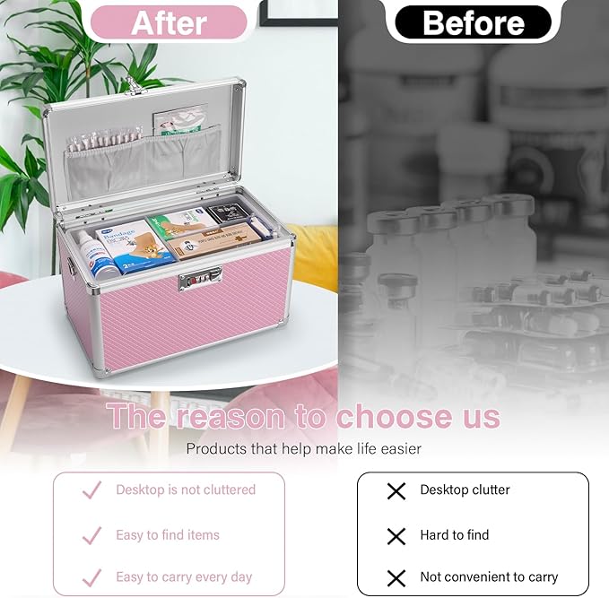 Medicine Lock Box with Combination Lock - 15 x 8.7 x 9.4 Inches - First Aid Safe Medication Storage Box, Personal Items Safe Case for Home and Outdoor - Pink