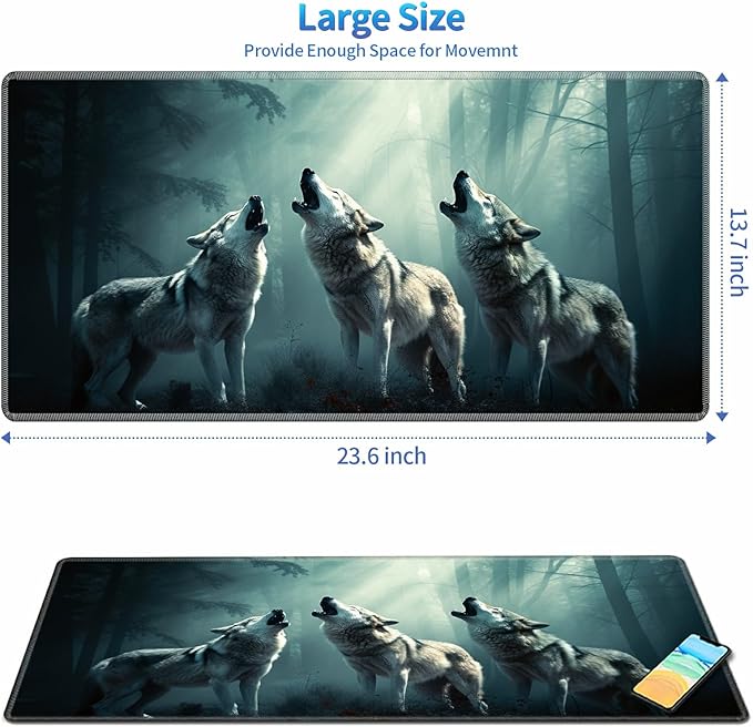 Playmat for MTG, 24 x 14 inches Game Play Mat for MTG TCG and Other Card Games, Trading Card Game Play Mat Desk Mats with Stitched Edges Non-Slip Base, Three Wolfs