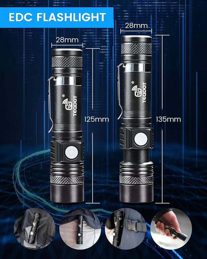 LED Flashlights USB Rechargeable Zoomable 1000-Lumen Super Bright Mini Flashlight Waterproof 3 Modes Small Pocket-Sized EDC Flash Light with Belt Clip for Camping Biking and Emergency Use