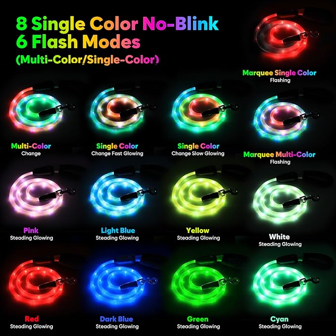 YFbrite Waterproof Light up Dog Leash with 15 Flashing Modes - Super Bright LED Dog Leash for Small Medium Large Dogs - Type-c Rechargeable Dogs Leashes Light (Multi-Color, 4FT (120cm))