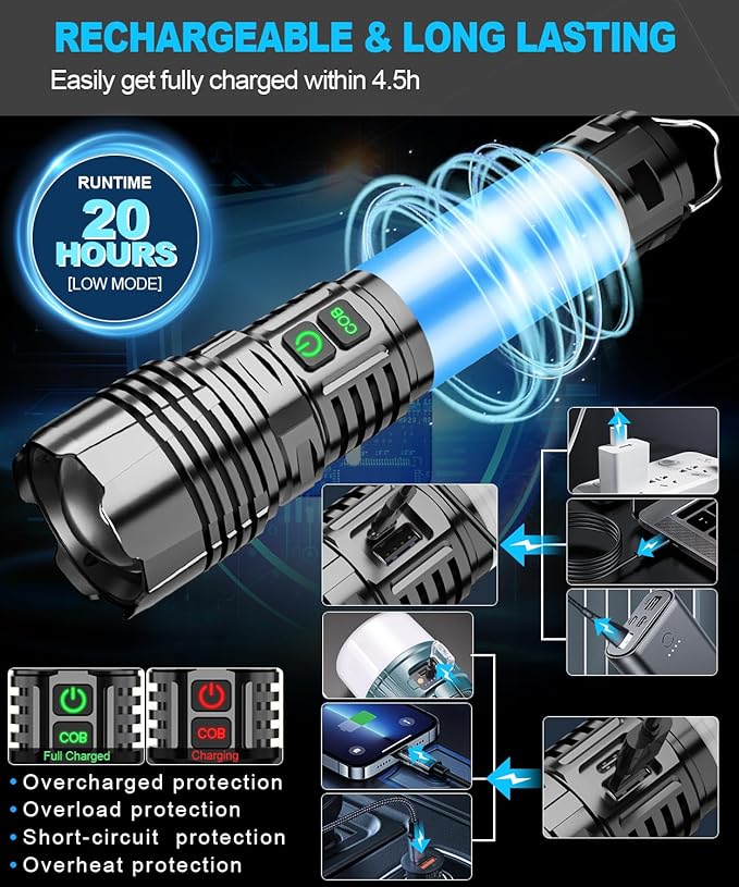 Flashlights High Lumens Rechargeable 4Packs- Super Bright Tactical LED Flashlight,Powerful USB C Flash Light with 360°COB Light, Long Beam 3280Ft,7 Modes,Waterproof Handheld Flashlight for Emergency