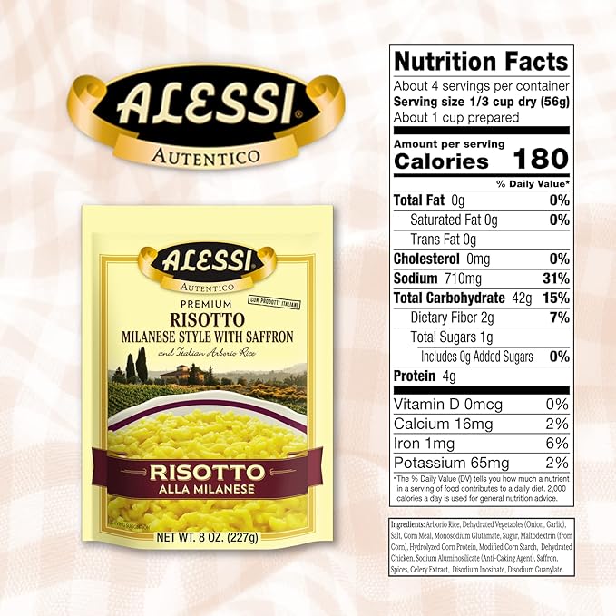 Alessi Autentico, Premium Seasoned Risotto, Italian Arborio Rice, Easy to Prepare, 8oz (Milanese, Pack of 6)