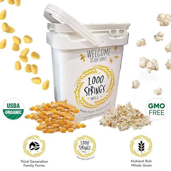 1000 Springs Mill Organic Dry Popcorn Kernels - Non-GMO, Healthy Snack for Microwave or Stovetop - Bulk Organic Popcorn Kernels with Bucket - Enjoy Fresh, Crisp & Delicious Popcorn - 25lb (Pack of 1)