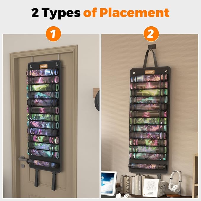 Playmat Tube Storage Bag,Hangable Playmat Holder for MTG with 2 Hooks,Securely Locks Game Mats,Fits 12+1 Card Game Mats with Clear Plastic Slots,TCG/MTG Game Mat Case(with Reinforced Elastic Strap)