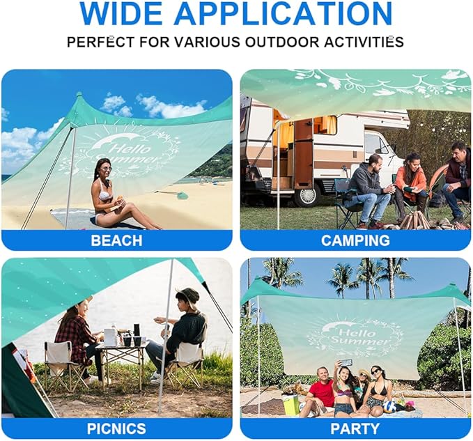 YUKIHOME Beach Tent Sun Shade Canopy Tent, UPF 50+ Camping Beach Sun Shelter 7 x 7ft 2 Pole, Lightweight, Easy Set Up and Carry