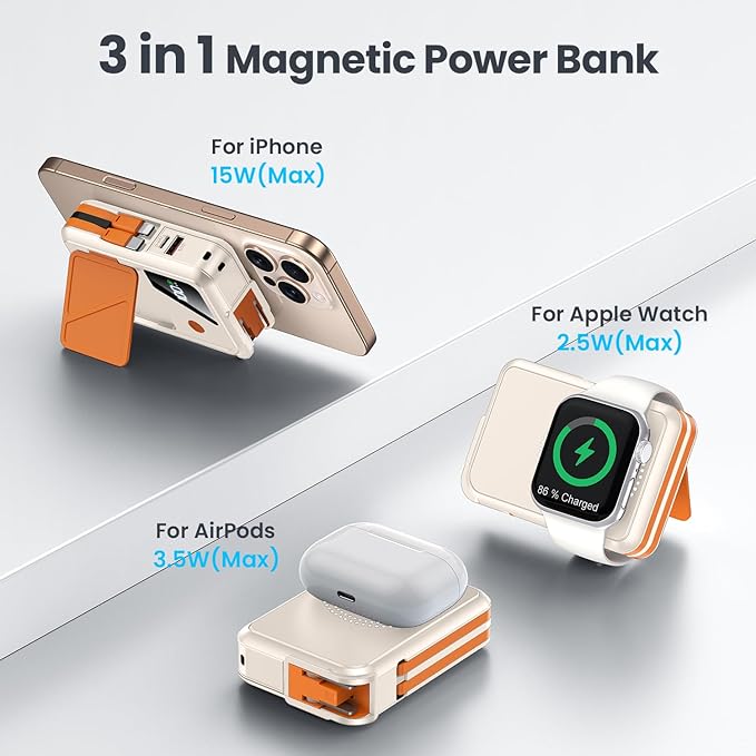 Wireless Portable Charger,5-in-1 Magnetic Power Bank 10000mAh Built in Cables and AC Plug,22.5W Fast Charging Magnetic Battery Pack,Compatible with iPhone 16/15/14/13/12,Apple Watch Series,Airpods