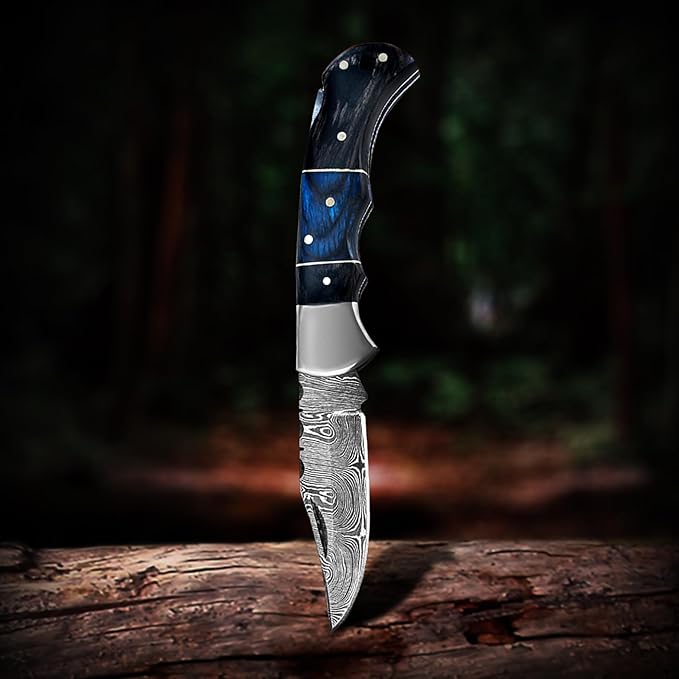Set of 10 - Personalized Damascus Pocket Knife for Groomsmen -With Leather Sheaths - Custom Engraved Pocket Knives | Groomsman Gifts for Wedding, Groomsmen Proposal Gifts