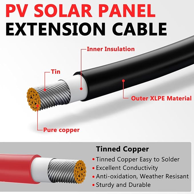 2x70 Feet Solar Panel Extension Cable, 10AWG Solar Cable, Solar Panel Cable with Female and Male Waterproof Connectors for RV, Photovoltaic Systems (70FT Red + 70FT Black)
