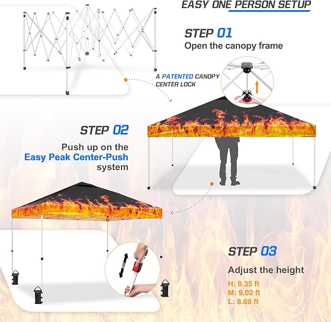 EAGLE PEAK Pop Up Canopy Tent with Wheeled Carry Bag, 8 Stakes, 4 Ropes, 4 Weight Bags, Easy Set Up Tent Canopy, 10x10 ft, 100sqft of Shade, Flame