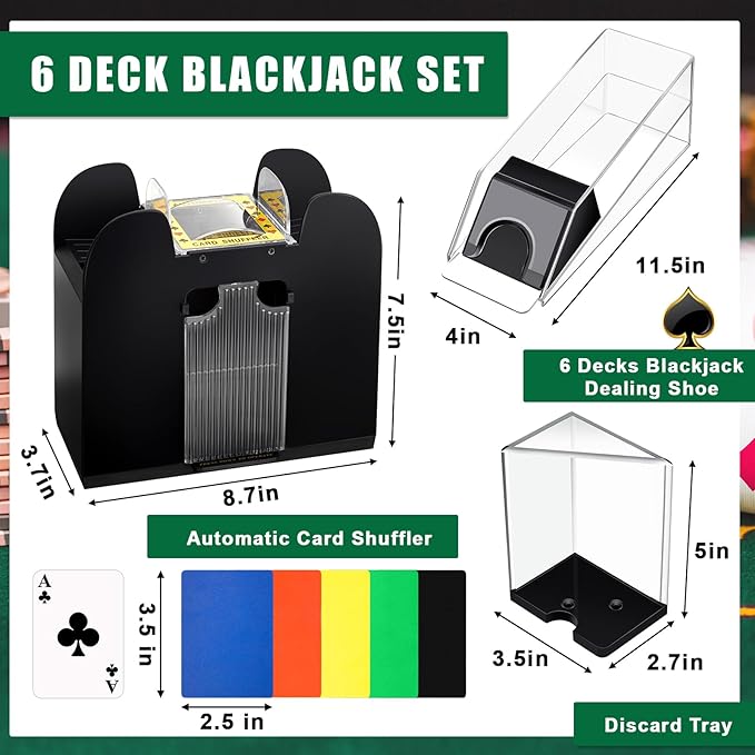 Aoriher Blackjack Casino Game Set, Include 300 Poker Chips, Casino Felt 1 Automatic Card Shuffler 6 Deck Dealer Shoe Discard Holder Tray Aluminum Case for Texas Holdem Blackjack Poker(Green)