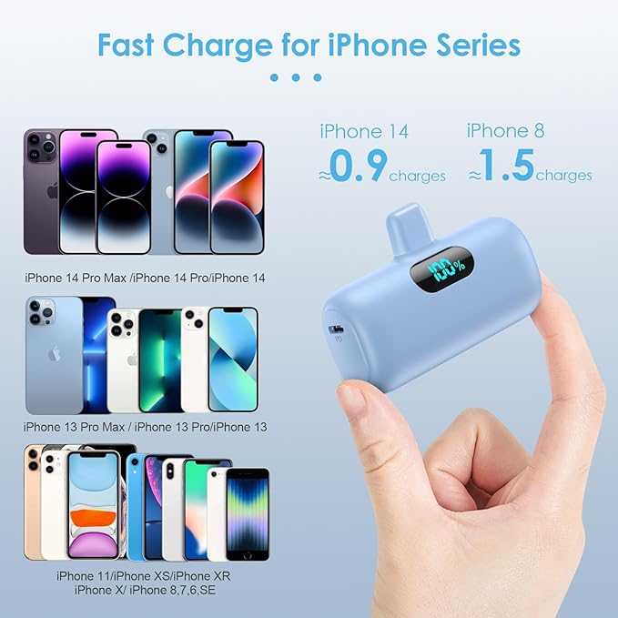 Mini Portable Charger for iPhone,Upgraded 5000mAh PD Fast Charging Battery Pack,LCD Display Cute Power Bank Portable Phone Charger for iPhone 14/14 Pro Max/13/13 Pro/12 Pro/11/XS/XR/X/8/7/6-Light Blue
