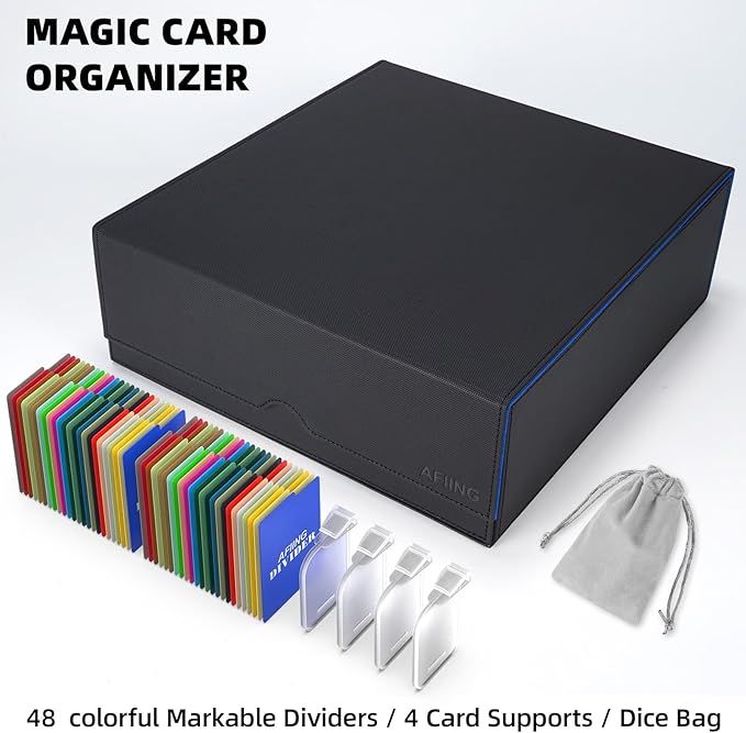 AFIING Trading Card Storage Box, MTG Deck Box with 48 Dividers & Supporters, Commander Card Deck Case Fits for Magic Game Cards, YugiOh, TCG, baseball and Sport Cards, Black Blue 3200+