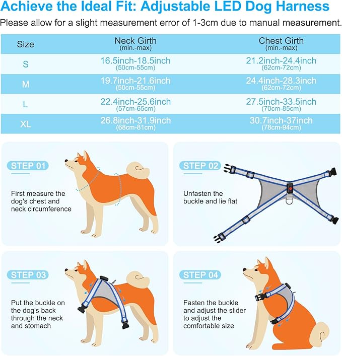 Visinite LED Dog Harness, USB Rechargeable Light Up Dog Vest, 2 Illuminate Modes Glow in The Dark Dog Harness, Adjustable Lighted Pet Harness Light for Night Walking Safety(Blue, M)