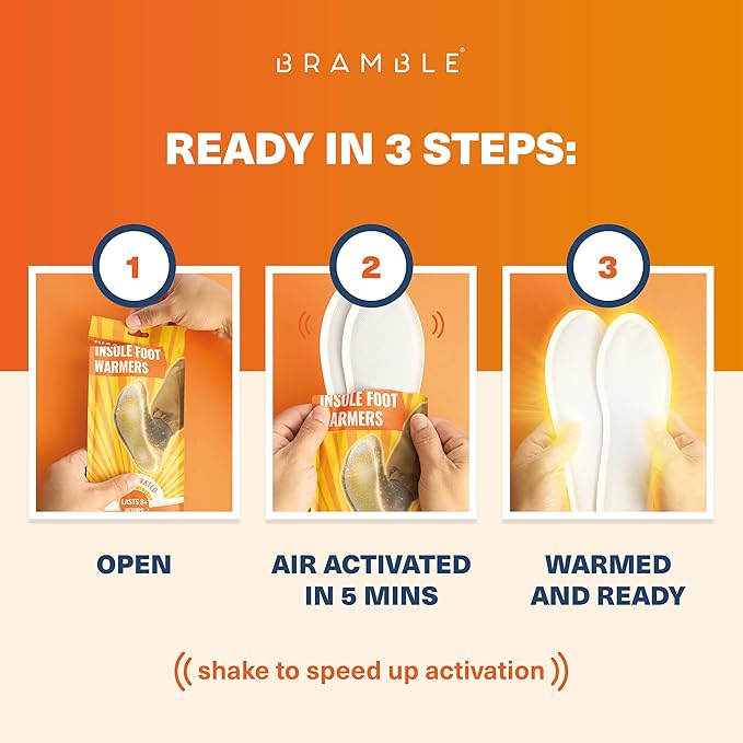 Bramble Insole Foot Warmers for Feet 5/15/30 Pair - Up to 10 Hours of Heat, All-Natural Odorless Air-Activated Warmers