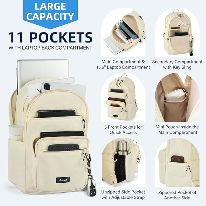 Carry On Travel Backpack For Women, 18 Inch Water Resistant Large Backpack Lightweight Bookbag For Men, 8x14x18 Personal Item Bag Casual Daypack Backpacks For Work Office Commuter (Offwhite)