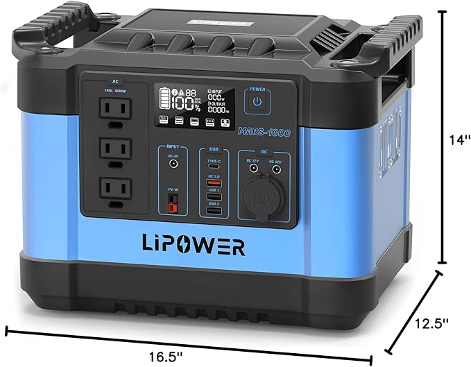 Lipower Power Station 1000W, 1120Wh LiFePO4 Battery Solar Generator for Camping, AC Outlets*3, PD 60W, Portable Power Station for Home Use, CPAP, Emergency-Blue