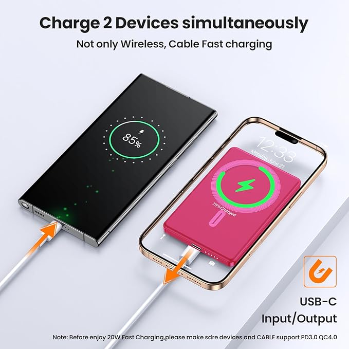 Magnetic Power Bank,Ultra Slim Wireless Portable Charger 5000mAh,20W PD Battery Pack Fast Charging,USB C in&Out Powerbank for iPhone 16/15/14/13/12 Pro Max
