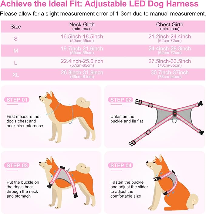 Visinite LED Dog Harness, USB Rechargeable Light Up Dog Vest, 2 Illuminate Modes Glow in The Dark Dog Harness, Adjustable Lighted Pet Harness Light for Night Walking Safety (Pink, S)