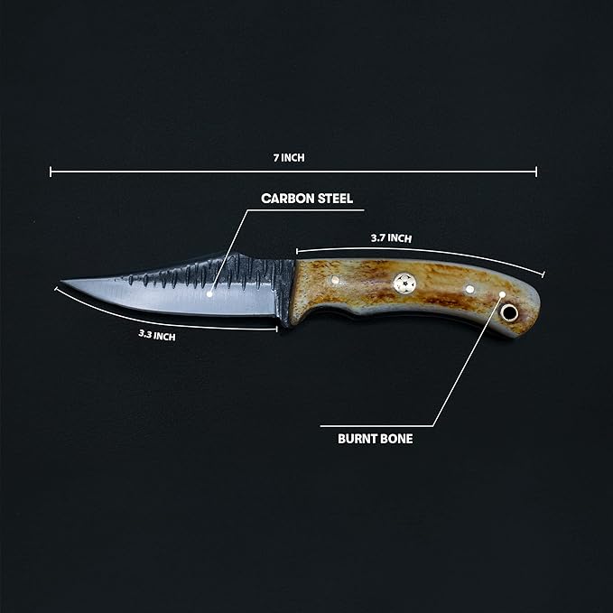 Titan International Knives Handmade Carbon 1080 Steel | Fixed Blade Color Coated Hand Pounded Hunting and Skinning Knife | Burnt Bone Handle Perfect for Hunting and Camping with Leather Sheath