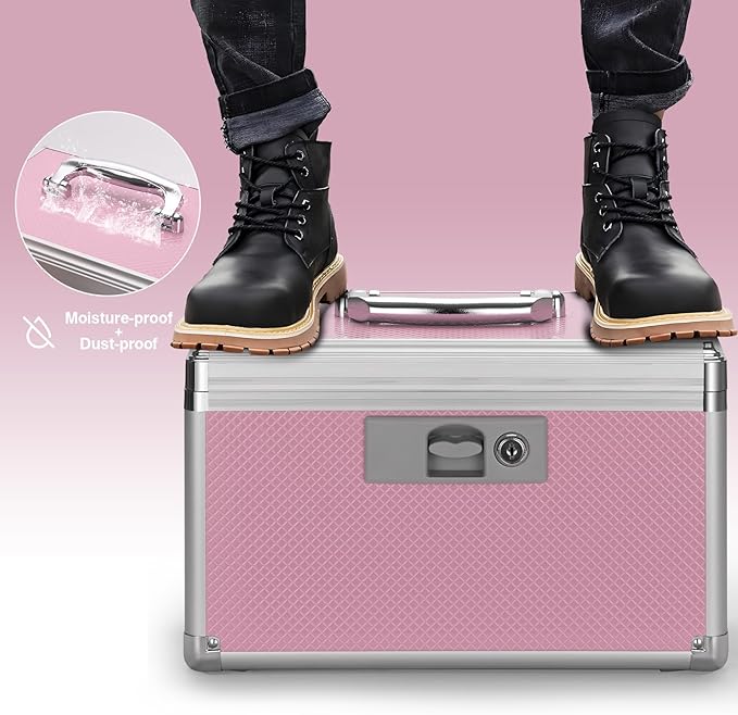 Medicine Lock Box for Safe Medication - 13.4 x 7.6 x 8.2 Inches - Lockable Storage Box for Drugs, First Aid Kit Empty, Lock Boxes with Key for Home/Outdoor (Pink/Large)