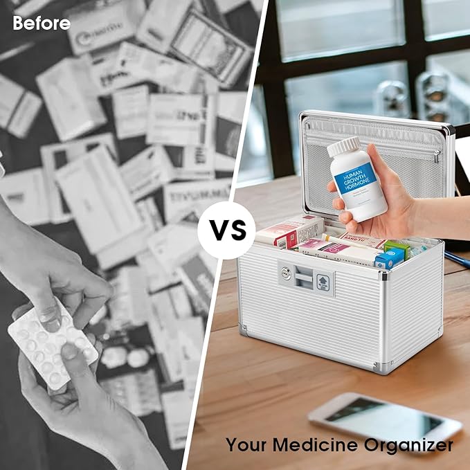 Medicine Lock Box with Key, Alluminum Alloy Box for Medication,First Aid Box with a Removeable Tray to Store Medicines & Pills for Home, Silver 14 * 8.46 * 7.48 Inch