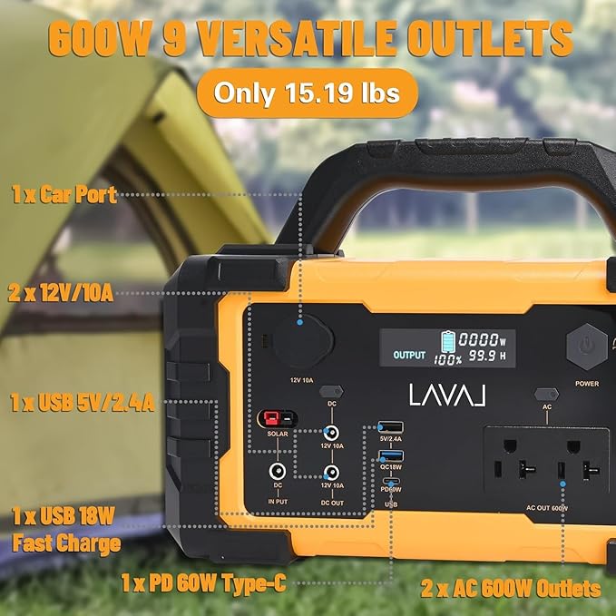 Portable Power Station 600W, 647Wh Backup Lithium Battery, 120V/600W AC Outlet, Solar Generator for Home, Outdoor, Camping and Emergencies Use