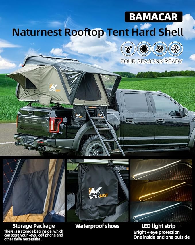 BAMACAR Naturnest Rooftop Tent Hard Shell 2-4 Person Nature Nest Roof Top Tent Hardshell Hard Top Claim Shell Overland Car Roof Rack Top Tents For Jeep SUV Van Pickup Truck Vehicle Trailer Car Camping