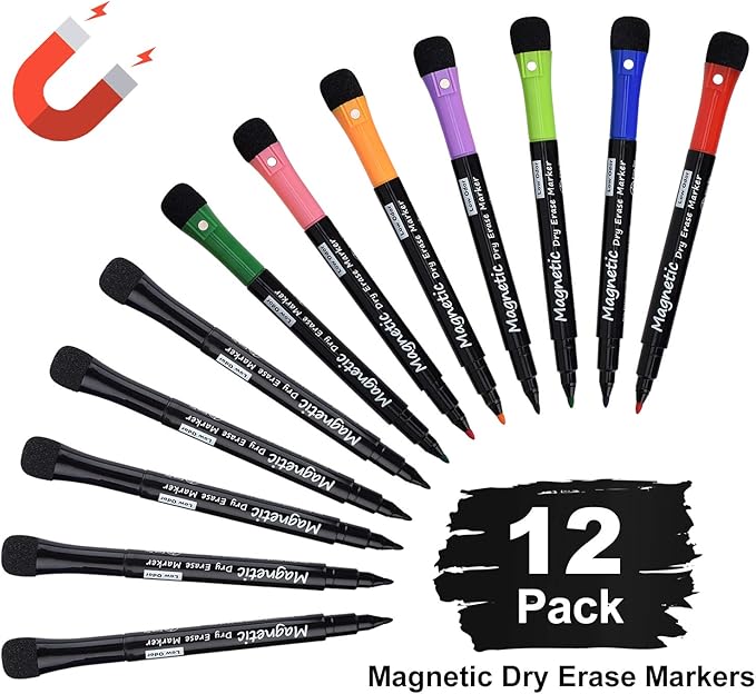 Browill Magnetic Dry Erase Markers, Fine Tip Low Odor Whiteboard Markers for Kids & School, Work On White board & Calendar, Refrigerator (12 Pack)