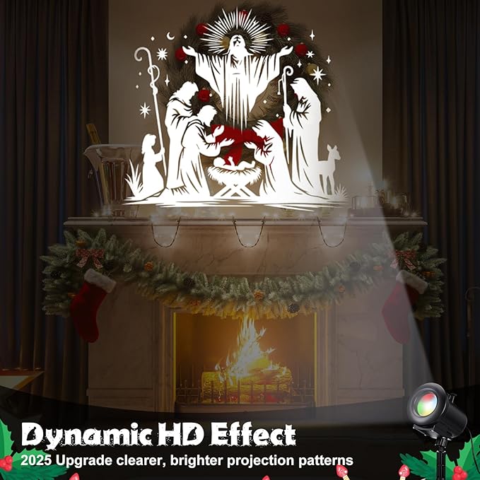 Christmas Nativity Scene Projector Lights, 2025 Upgrade 3D Dynamic Joy Jesus Christian Outdoor Indoor Xmas Decorations Lights, 4-Color, 12 HD Effects with Remote for Wall Window