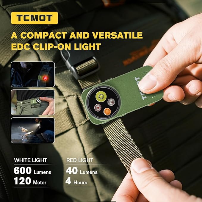 EDC Flashlight Clip-on Light, Rechargeable 600 Lumens with Type-C, IPX6 Waterproof, Portable Mini Magnetic Keychain Flash Lights for Signaling, Cycling, Outdoor or Emergency, Green