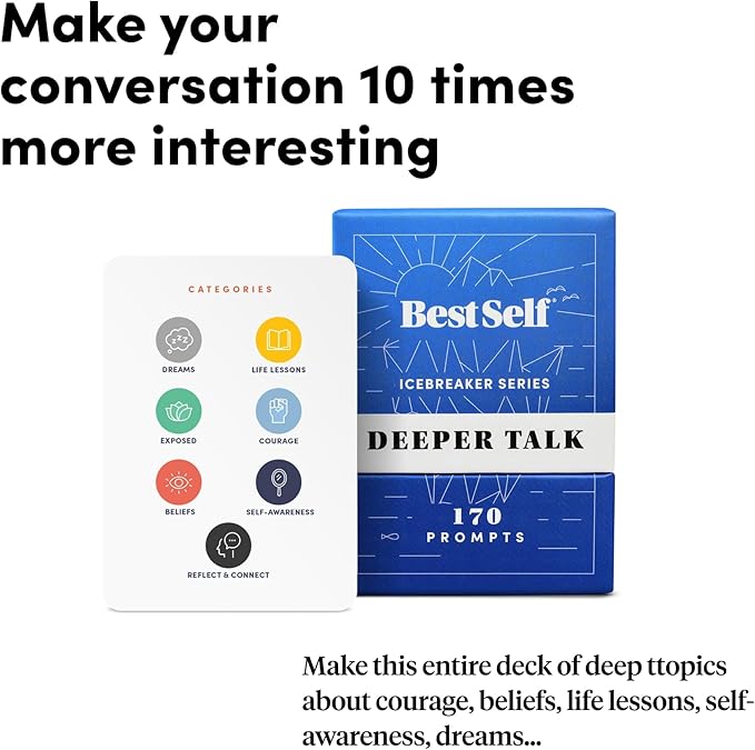 BestSelf Icebreaker Deeper Talk Deck - Conversation Starter Card Pack to Deepen Friendships with 170 Prompts to Create Real Conversations for Friends, Coworkers, Family, Dates