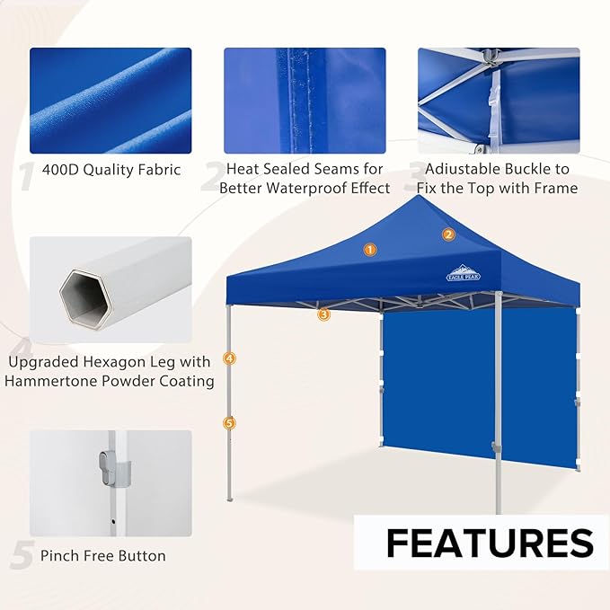 EAGLE PEAK 10x10 Heavy Duty Pop up Commercial Canopy Tent with One Removable Sidewall, Instant Sun Shelter with Roller Bag, 4 Sandbags, Blue