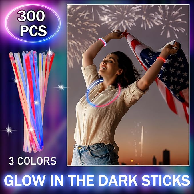 Hanaive 300 Pcs Glow Sticks Bulk 8 Inch Glow in The Dark Party Favors Neon Bracelets and Necklaces Light up Sticks with Connectors for Holiday Birthday Party Supplies(Red, Blue and White)