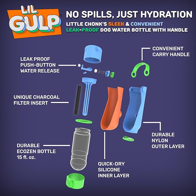 Lil Gulp Water Bottle | Advanced Carbon Filtration for Safe Filtered Water on The Go | BPA-Free Leak-Proof Portable Dog Travel Water Bottle with Retractable Water Spout, 15 Fl oz - Blue
