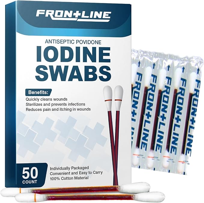 FrontLine Povidone Iodine Swabs, Antiseptic Swabsticks, Iodine Solution, Cleansing Cotton Swab, Individually Wrapped Medical Supplies, Wound Care, First Aid, Wound Cleaner, Box of 50