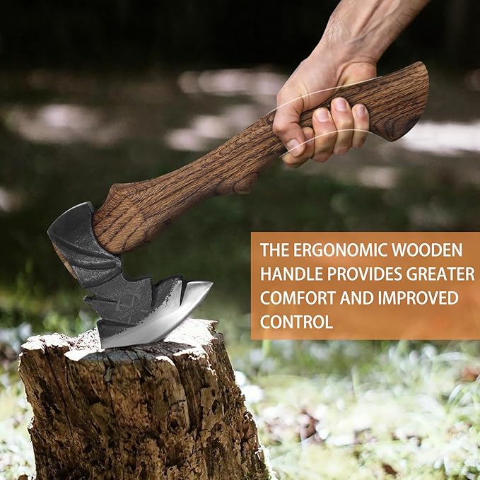 14.7" Hatchet, Camping Hatchets with 1065 Carbon Steel & Wooden Handle, Bushcraft Hatchet with Leather Sheath and Sharpener, Survival Axe for Wood Chopping, Cutting and Splitting