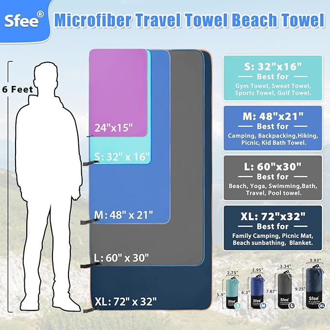 Sfee 2 Pack Microfiber Travel Towel, Quick Dry & Super Absorbent, Lightweight, Rectangular Bath Towel, Modern Purple Sports Towel for Gym, Hiking, Pool, Backpacking, Bath, Yoga