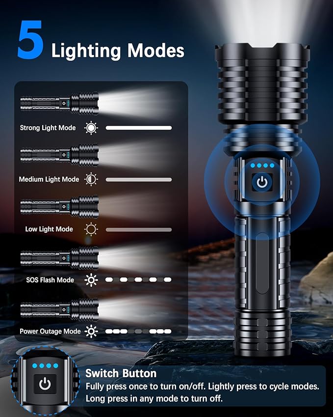 Super Bright Rechargeable LED Flashlights 5000.000 High Lumens, Flashlights High Lumens Up to 25H Long Battery Life| Zoomable| 5Light Modes| IP67 Waterproof, High Powered Flashlight for Camping Home