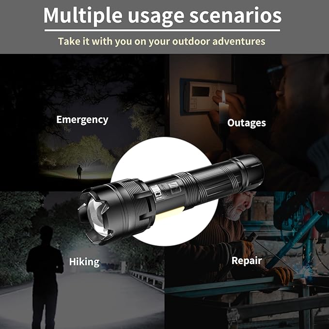 WARSUN Multi-Function Zoom Flashlight - Aluminum, Long Range Beam, USB-C Rechargeable (XF126)