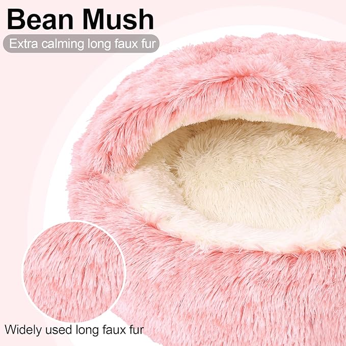 Calming Dog Beds & Cat Cave Bed with Hooded Cover,Removable Washable Round Beds for Small Medium Pets,Anti-Slip Faux Fur Fluffy Coved Bed for Improved Sleep,Fits up to 15/25 lbs(Bean Mush,S)