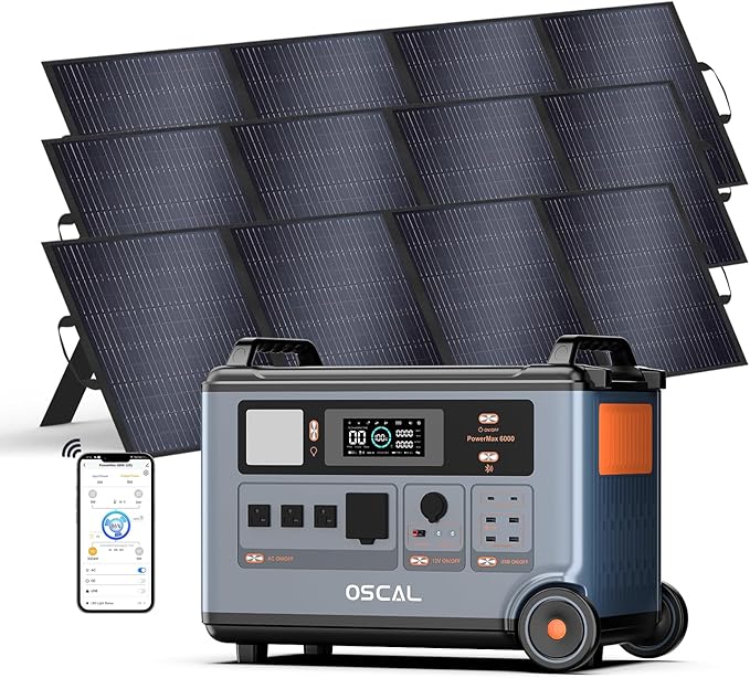 OSCAL PowerMax 6000 Solar Generator with 3x200W Solar Panel, 120V/240V 3600Wh Power Station 6000W AC Outlets (7200W Peak), 2200W AC Charging/2400W Solar Charging, Emergency for Home, Battery Backup