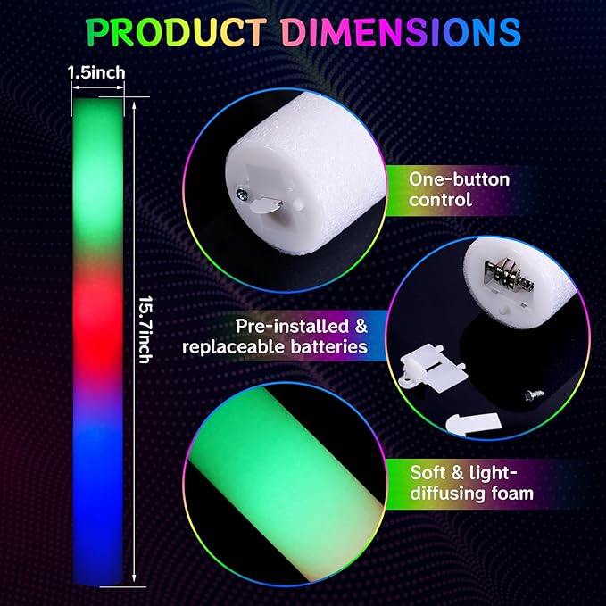 AOWDIAO 100 Pcs 16??Foam LED Glow Sticks, 3 Light Up Modes, Party Favors for Wedding, Festival & More