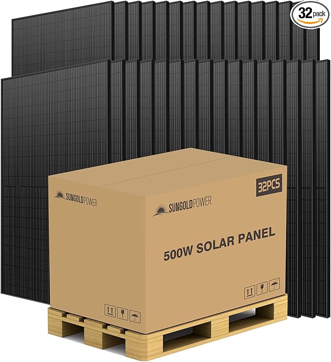 SUNGOLDPOWER 32PCS 500W Solar Panels Monocrystalline UL 61730, Grade A Solar Cell,Waterproof IP68, High Efficiency Solar Panel On/Off Grid Supplies for RV, Tiny house, Marine, Household (Total 16000W)