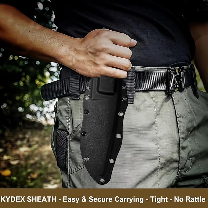 Survival Knife w Kydex Sheath,D2 Fixed Blade Steel,Full Tang Hunting Knife w Non-slip ABS Handle, Glass Breaker, Ideal for Bushcrafting Camping Hunting Fishing Hiking and Other Outdoor Activities