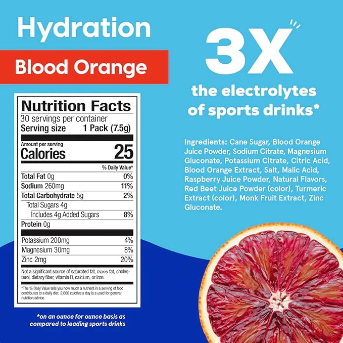 HYDRANT - Hydrate Electrolyte Powder, Blood Orange Flavor, 30 Rapid Hydration Individual Stick Packs - Low Sugar Drink Mix for Daily Use, Travel & Workouts