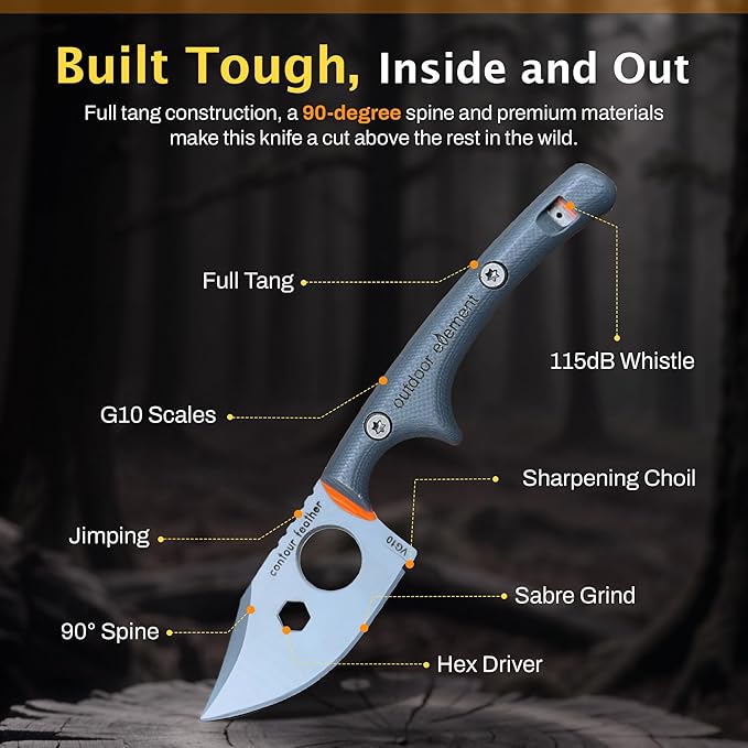 Contour Feather Survival and Culinary Knives ??VG10 Steel Fixed Blade with Fire Starter, Hex Driver, Knife Sharpener, Sheath & Built in Whistle - Built For Camping & Outdoor Adventure