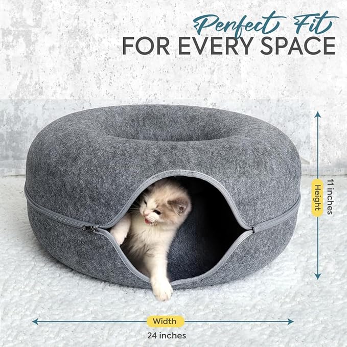 Laluz 2021 Large Cat Tunnel Bed for Indoor Cats Up to 30 Lbs Peekaboo Donut Cave with Catnip and Plush Toys Scratch Resistant Felt Design Detachable and Washable Cat Tunnel (Dark Grey, L)
