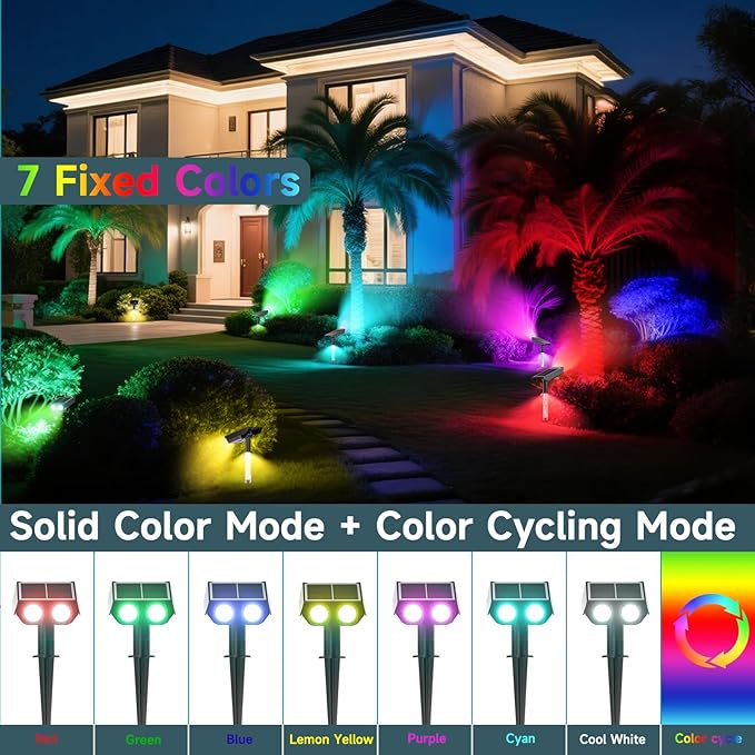 RGB Solar Spot Lights : 2 IN 1 Solar Lights Outdoor with 8 Lighting Modes & PC Light Guide Column for Tree Garden Yard Pathway | RGB Color Changing Landscape Lights | IP65 Waterproof | 12 Pack