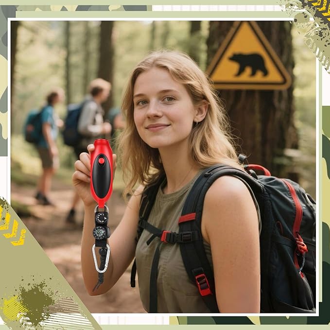 1 Set 125db Electronic Bear Horn with Compass & Thermometer for Hiking Loud Air Horn to Scare Bears Self Defense for Hiking Outdoor Emergency Camping Protection (4.72×1.5 Inch, Red)